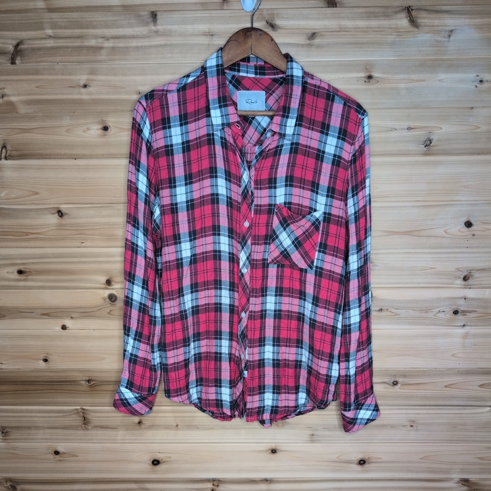 Rails Hunter Plaid Button‎ Down Shirt Scarlet Ash White Rayon Womens Large